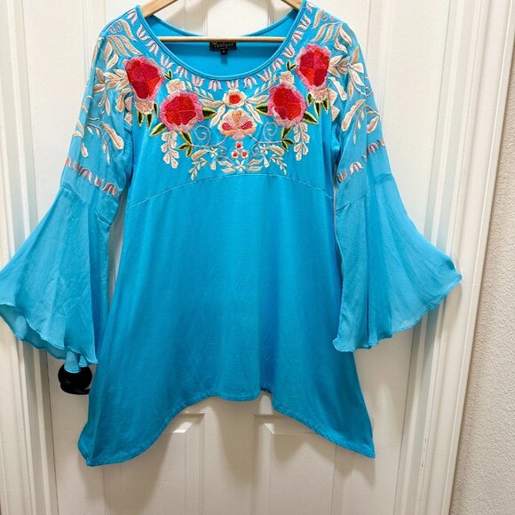 Tunique Embroidered Chiffon Tunic Top Women's Size S Blue Bell Sleeves Boho Chic - Picture 10 of 15